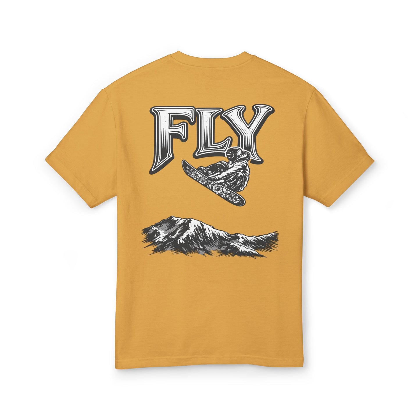 Fly Mountain Graphic Tee — Snowboarder Vintage-Style Short Sleeve Shirt
