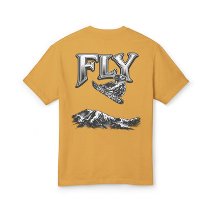 Fly Mountain Graphic Tee — Snowboarder Vintage-Style Short Sleeve Shirt