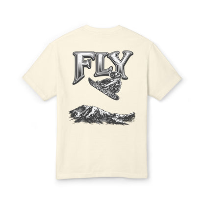 Fly Mountain Graphic Tee — Snowboarder Vintage-Style Short Sleeve Shirt