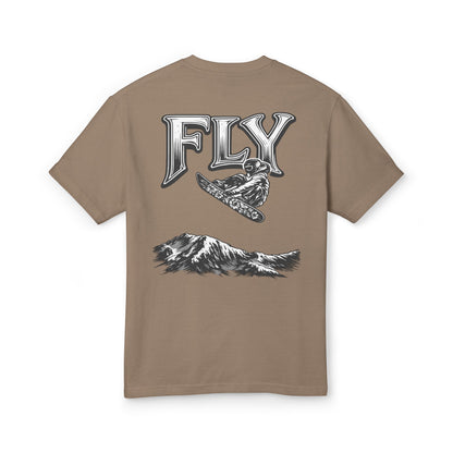 Fly Mountain Graphic Tee — Snowboarder Vintage-Style Short Sleeve Shirt