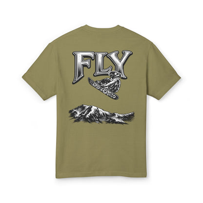 Fly Mountain Graphic Tee — Snowboarder Vintage-Style Short Sleeve Shirt