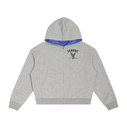 Contrast Plaid Boxy Zip Hoodie