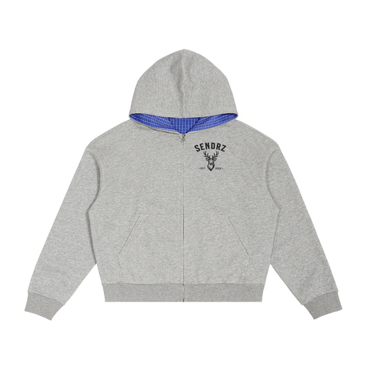 Contrast Plaid Boxy Zip Hoodie