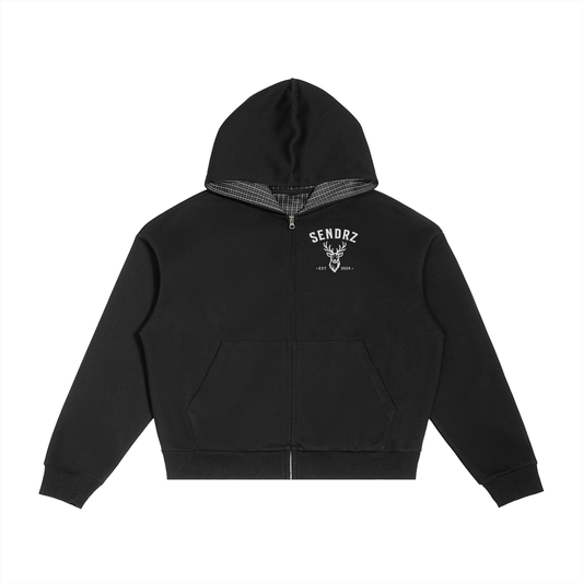Contrast Plaid Boxy Zip Hoodie